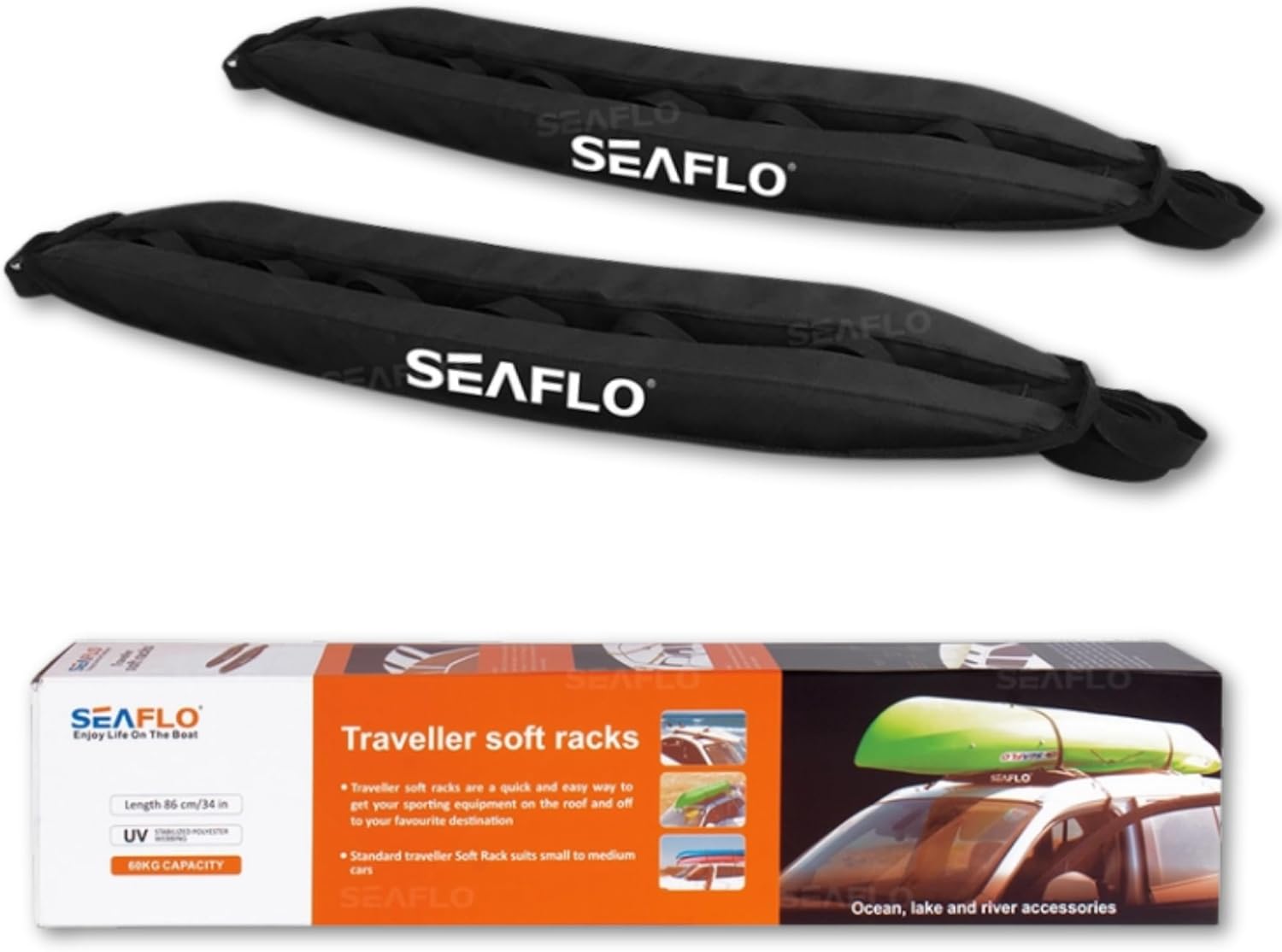 SEAFLO Traveller Soft Kayak Roof Rack with EVA Foam Pads Universal Fit for Cars Lightweight Nylon Top Carrier w/ 2 Securing Straps Fits 2-Door and 4-Door Vehicles 132 lb Load Capacity 4-Year Warranty