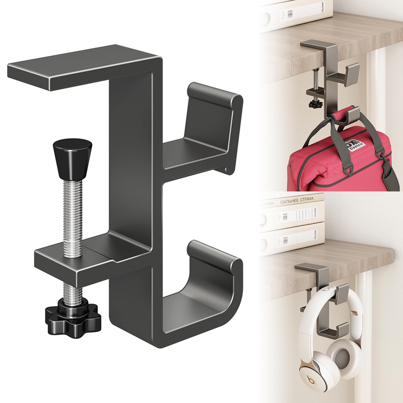 Sereficy Desk Hook for Bag, Under Desk Handbag Hanger Purse Hook for Table, Aluminum Backpack Holder, Desk Mount Hook for Umbrellas, Headphone, Gray