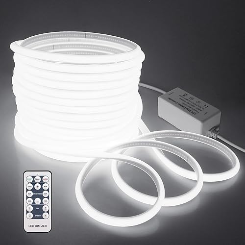 Tira de luces LED COB de 65.6 pies, color blanco frío, CA 110 V 120 V, tira de luz LED COB flexible, tira de luz LED impermeable al aire libre, luz
