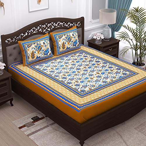 Image of Story@Home Pandora Collection 152 TC 100% Cotton Bedsheet for Double Bed with 2 Pillow Covers (90 X 108 Inch, Yellow & Blue)