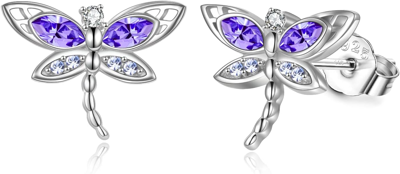 AOBOCO Dragonfly Earrings Studs with Crystal Sterling Silver Dragonflies Jewelry Gifts for Women Birthday Christmas Gifts