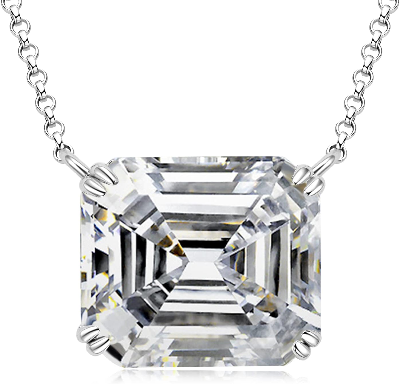 YUNKAI Sterling Silver Diamond Necklaces for Women, Emerald Cut 14x16mm 9ct Lab Simulated Pink Diamond Pendant 14K White Gold Plated Jewelry Gifts for Her
