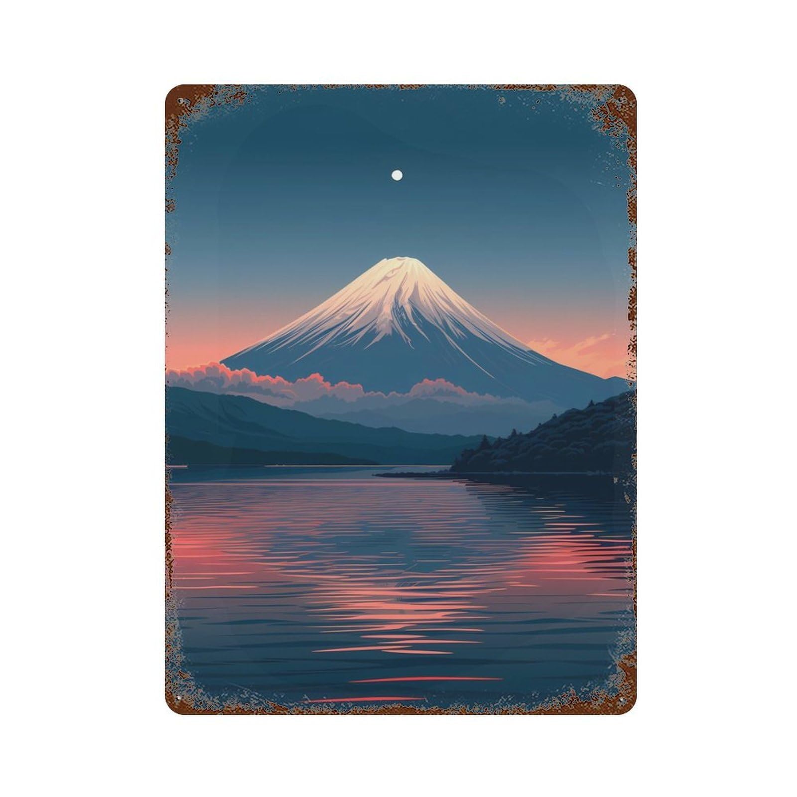 Moon over Mount Fuji Decorative Tin Sign 15.7"x11.8", Ideal for Garage, Bar And Workshop Decor