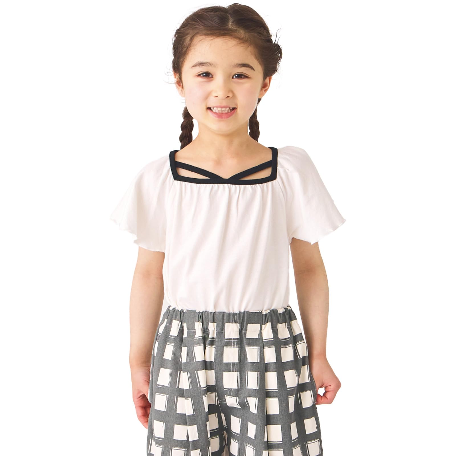 [ever closet] Tシャツ キッズ 子供 女の子 半袖 綿100％ スクエアネック クロスデザイン フリル袖 春服 夏服 通園 通学 普段着 子供服 キッズ服 エバークローゼット