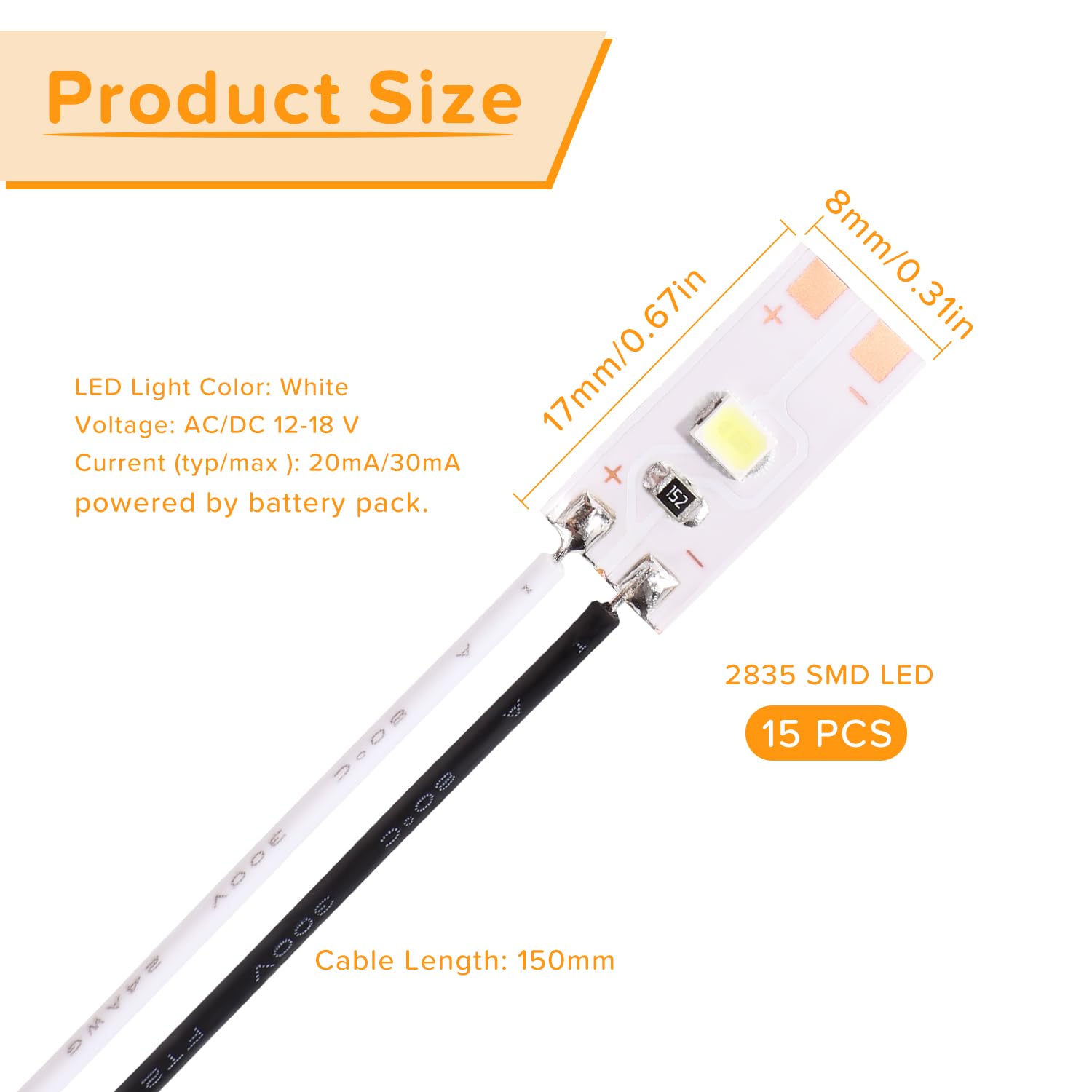 Lyeteung 15 PCS 17mm 12V - 18V Pre Wired Strip, 2835 SMD LED Model Railway LED Lighting, White, 17mm - 15pcs - Image 2