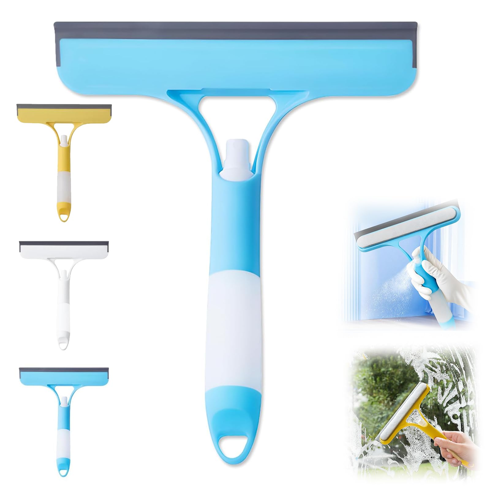 Tasber Blue 3 In 1 Window Cleaning Scraper, Window Squeegee With Spray, Window Scraper Glass Cleaning Wiper, Squeegee Cleaner With Spray Bottle For Car, Home Kitchen (Blue)