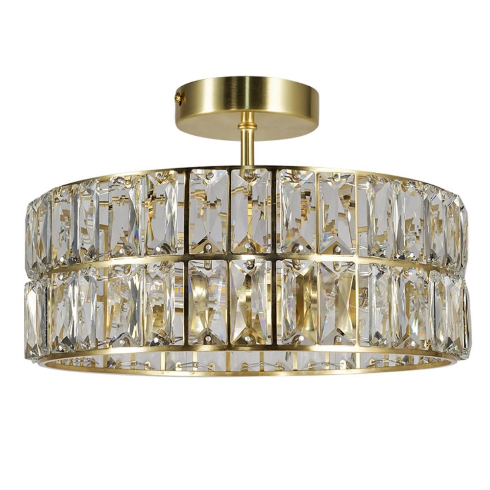 Satin Brass & Clear Faceted Crystal Bathroom 4 Lamp Round Drum Semi Flush Ceiling Light | 30cm Diameter | IP44 Rating | 4 x G9 Lamp Bulbs Required | 240V UK | Ensuite Lighting | Retro Vibe