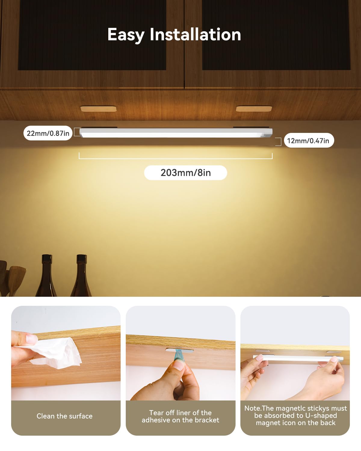 6-Pack 8-Inch Under Cabinet Lighting with Charging Station Rechargeable Motion Sensor Light Indoor 3 Color Dimmable Closet Light USB LED Magnetic Wireless Under Counter Lights for Kitchen Stair - 3