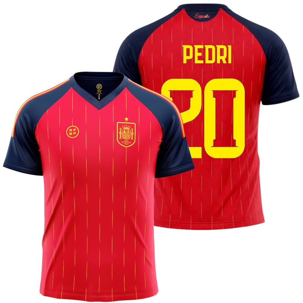 Camiseta España 2026-2028 | Pedri 20 Dorsal y Nombre | Color Rojo con Detalles Azul Marino | Manga Corta | Diseño Futbol Aficionados | Tejido Transpirable Deportivo