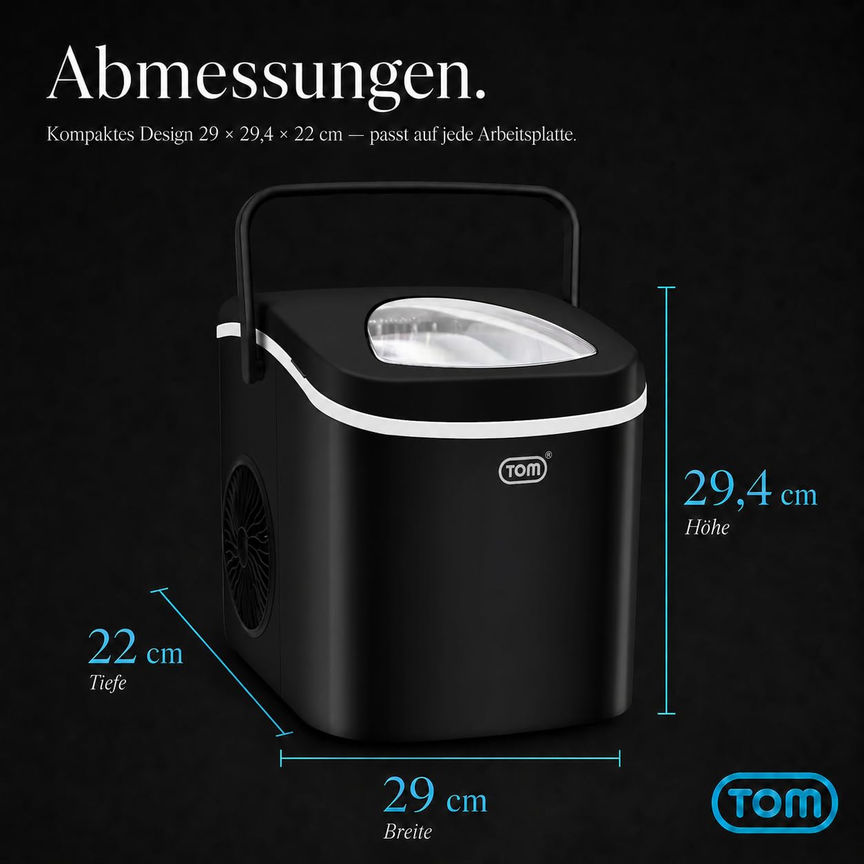 TOM Eiswürfelmaschine – 9 Eiswürfel in 6-8 min – 12 kg/24 h – 2 Würfelgrößen – Ice maker Eiswürfelmacher mit 1,3 l Wassertank – LED-Display – Inkl. Zubehör & Eiszange als Geschenk – Eiswürfelmaschine