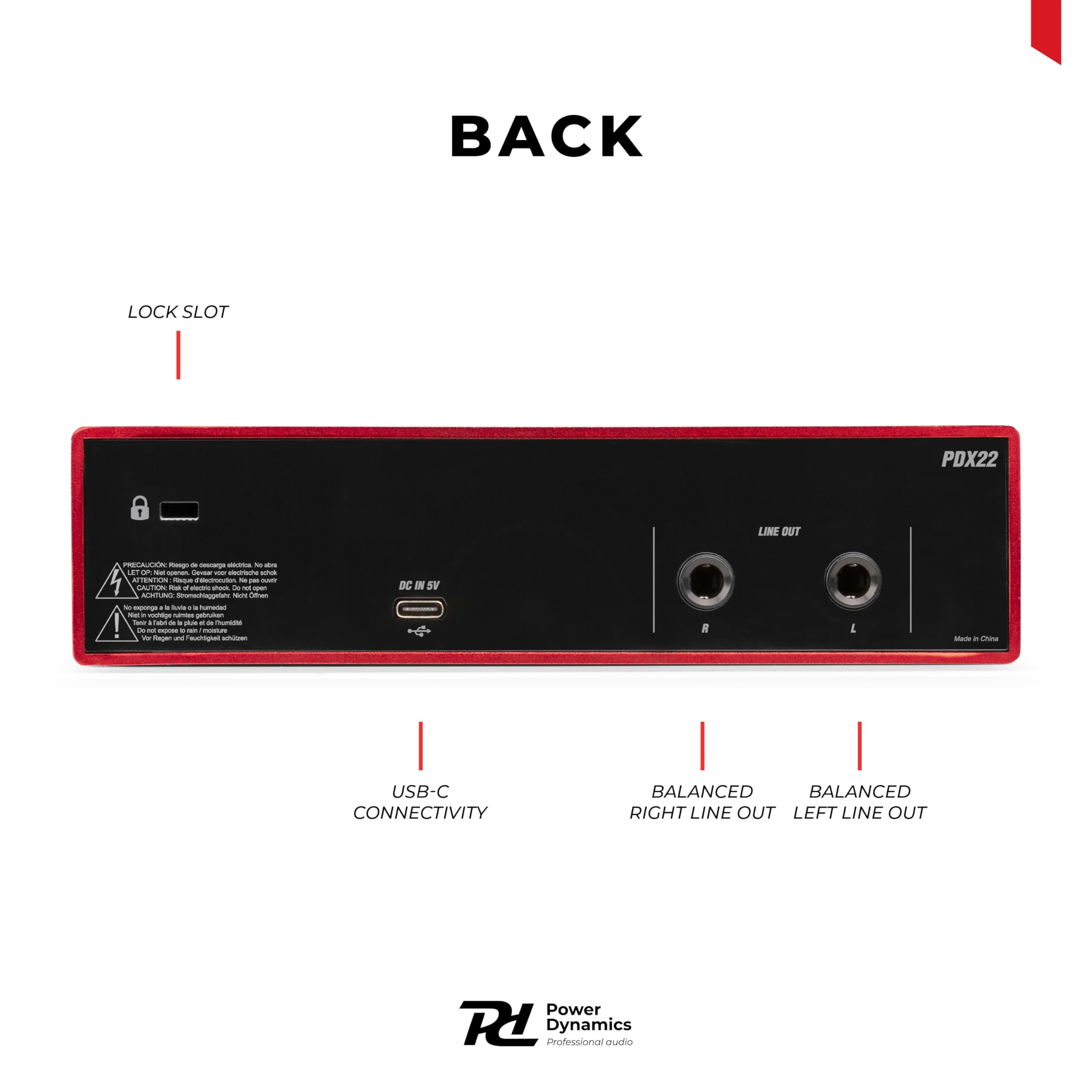 Power Dynamics PDX22 Interfaccia audio USB - Alimentazione phantom 48 V, Cavo USB-C incluso, 2 ingressi Micros/Strumenti, 1 uscita cuffie, ideale per musicisti, compositori e Home Studio
