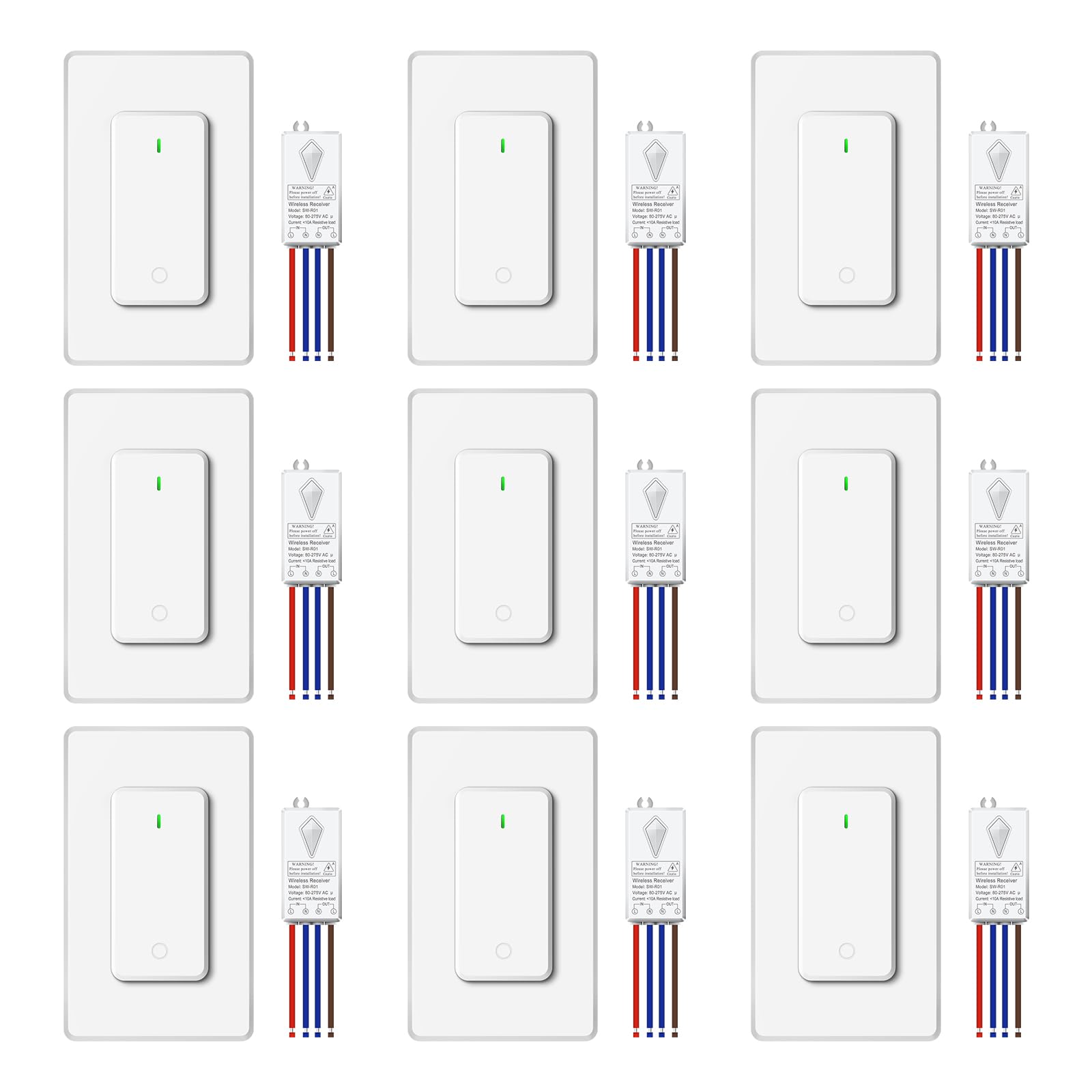 NineLeaf 9Stück Kabelloser Lichtschalter und Empfänger Kit,Keine Verkabelung,kein WiFi,Programmiert,erweiterbarer kabelloser Wandschalter Empfänger Kit,Fernbedienung für Lampe,Deckenleuchte,Ventilator