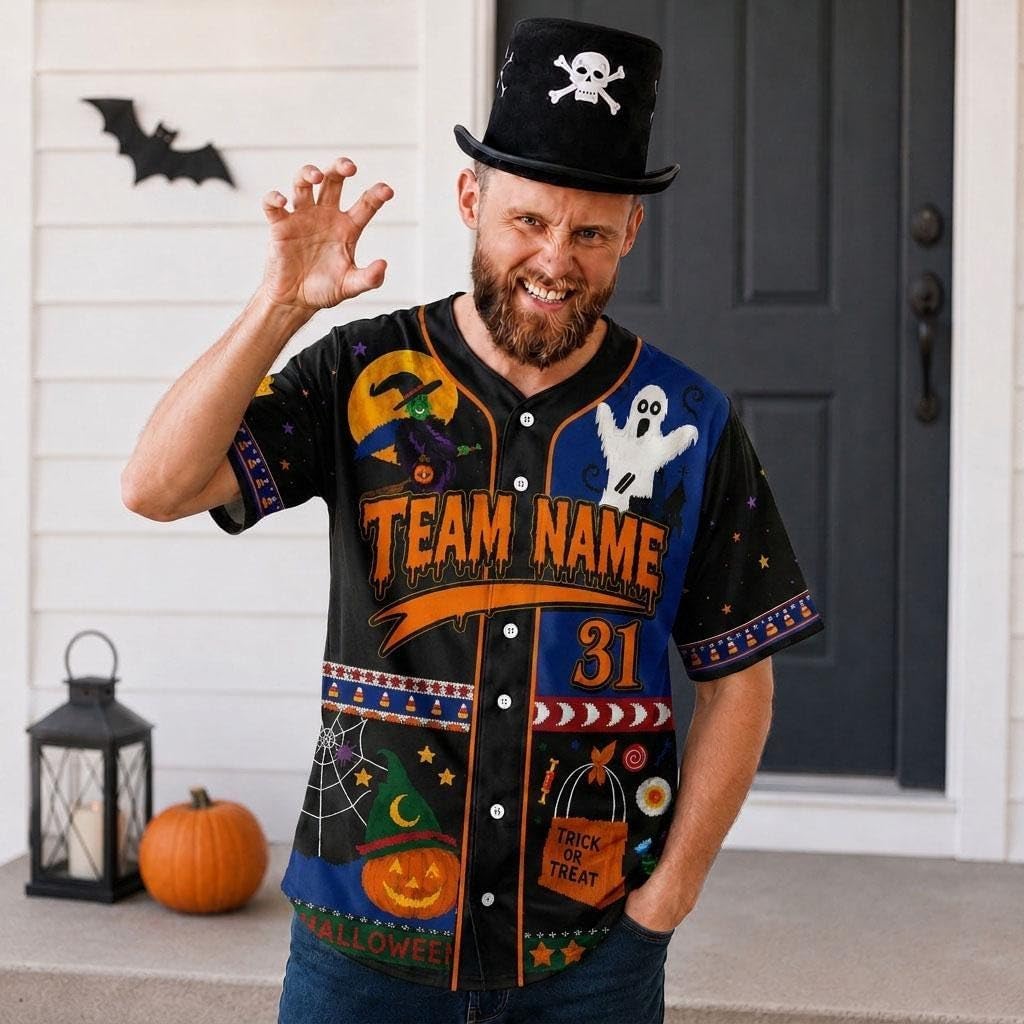 Custom Halloween Baseball Jersey for Men Women, Ghost Witch Pumpkin Shirt
