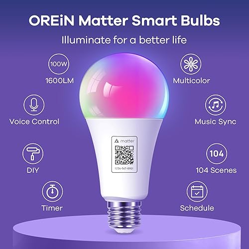 Miniatura 2 de OREiN Matter - Bombilla inteligente, 1600 lúmenes, equivalente a 100 W, bombillas inteligentes que cambian de color, funcionan con Apple Home,