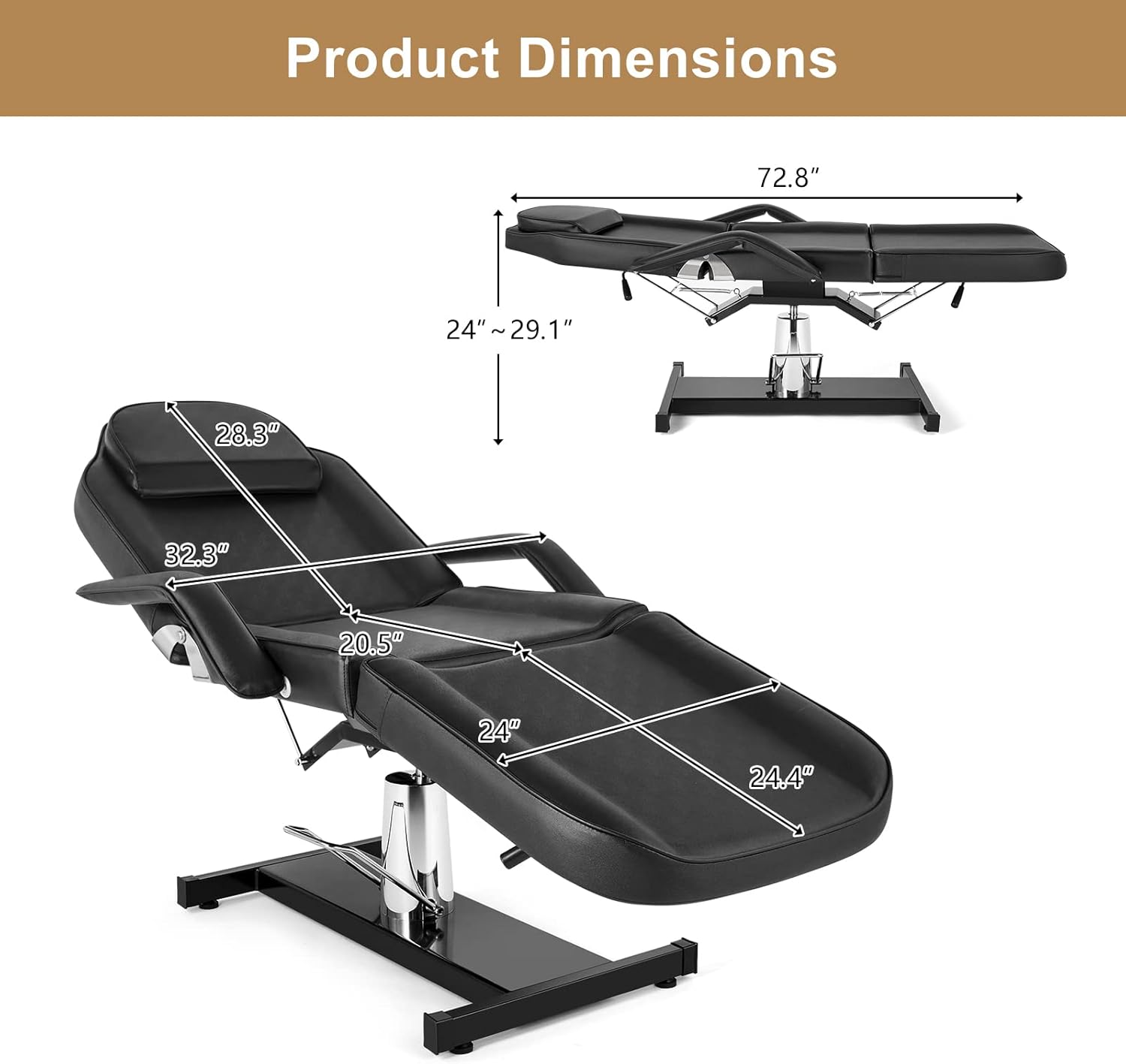Diagram showing the dimensions of the OmySalon Hydraulic Tattoo Chair Esthetician Bed