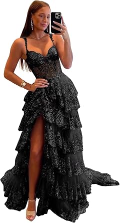 Lace Applique Tiered Tulle Prom Dresses for Women Long A Line Formal Evening Gowns with Slit