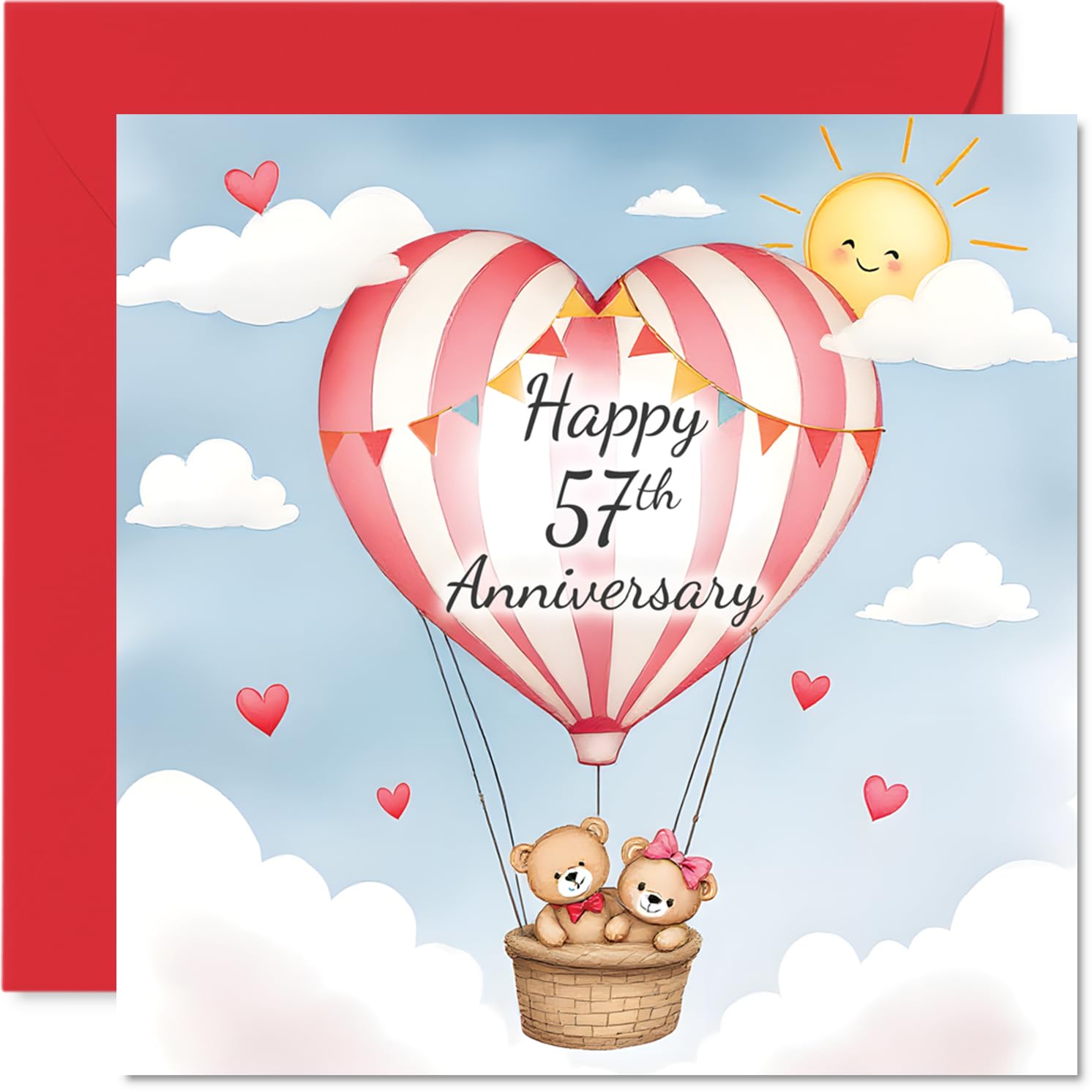 57th Anniversary Card for Women and Men, Love Bear Hot Air Balloon