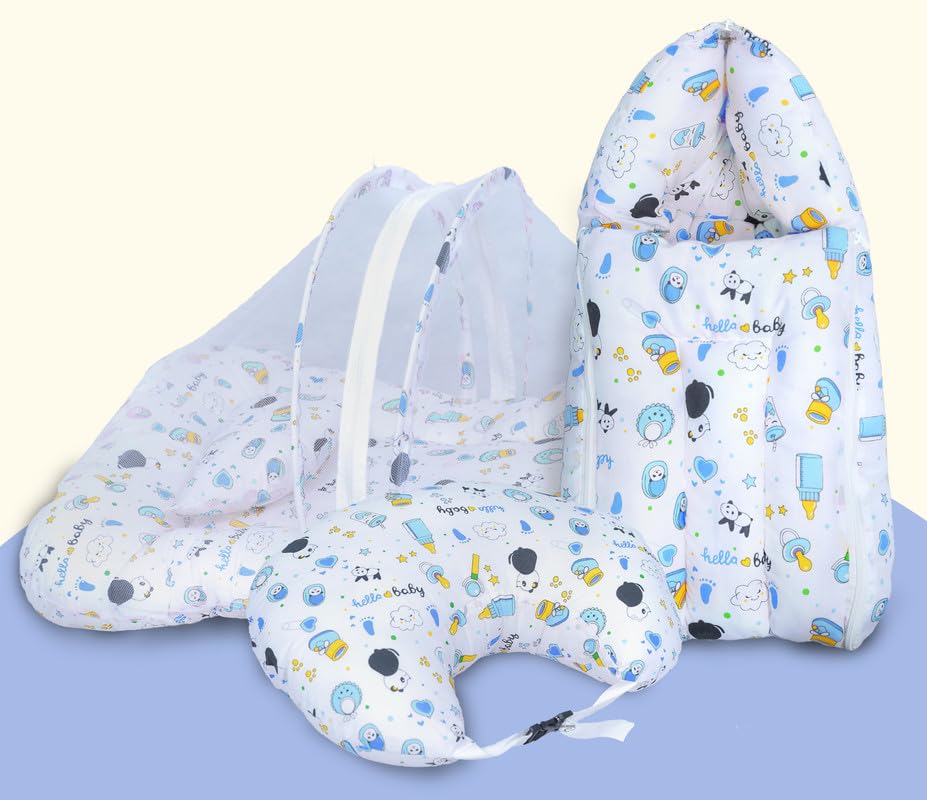 Infans Mini Baby Bedding Set, 3 Pcs Cotton Sleeping Essential|Baby Sleeping Bag|Mother Nursing Feeding Pillow|Mosquito Net Bed for 0-6 Months (Panda Blue)