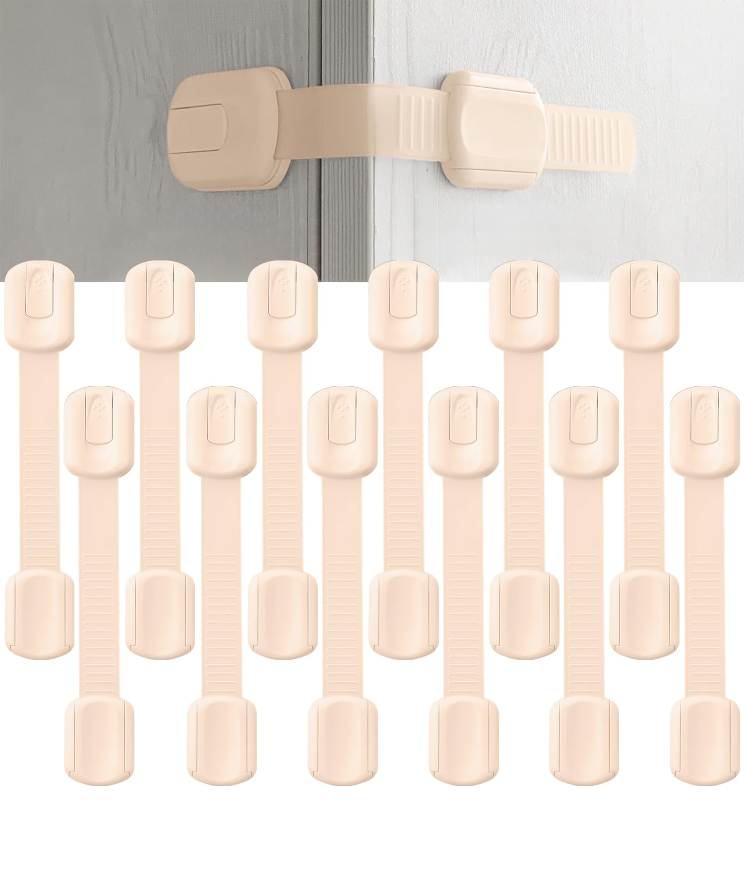Bate- Child Safety Strap Locks, 12 Pack, Baby Locks for Cabinets, Drawers, Kitchen, Toilet, Furniture, Fridge, Multi-Purpose, Easy Install with Quick 3M Adhesive for Childproofing