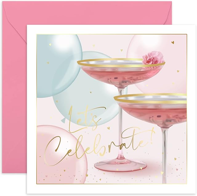 Central 23 - Elegant Birthday Card for Her - 'Let's Celebrate' - Pink Cocktail Card for Women - For Mum Sister Wife Daughter Girlfriend - Comes with Fun Stickers