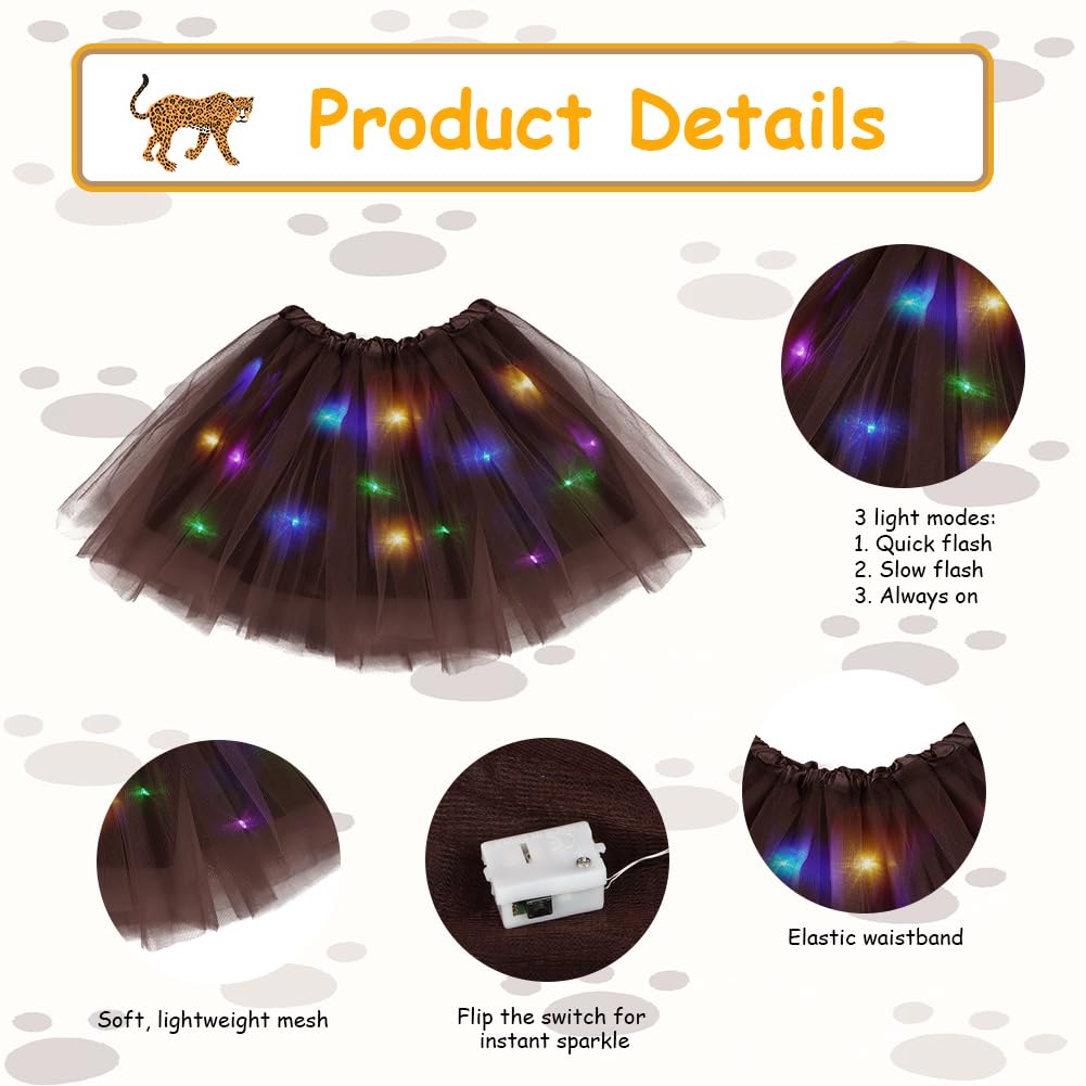 AOOWU Luminoso Costume Animale Bambina, Kit di 5 Pezzi Costume Animale Tutu LED Gonna con Cerchietti Orecchie Leopardo Coda Papillon Adesivi per Halloween, Carnevale Cosplay Party