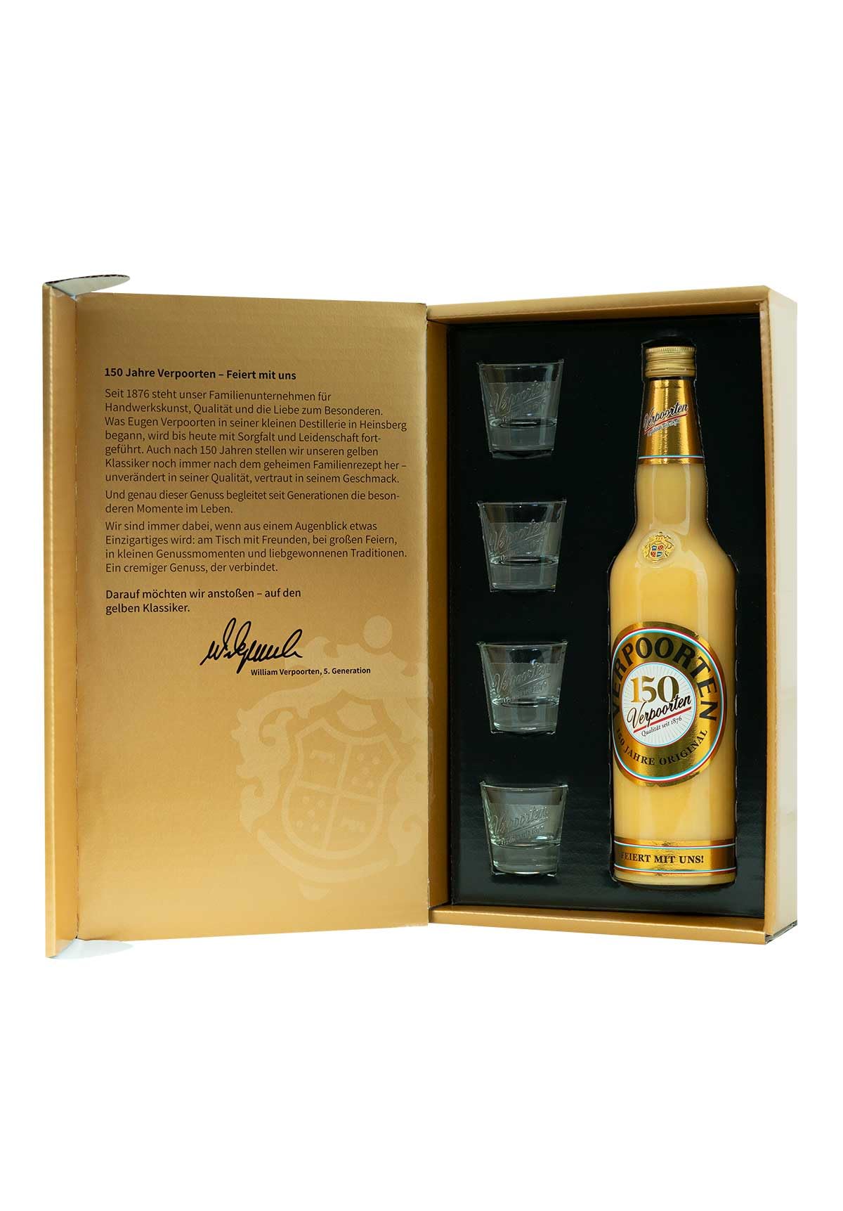 Verpoorten Jubiläums-Geschenkset mit 0,7 L VERPOORTEN ORIGINAL Eierlikör 20%vol und 4 Shotgläsern