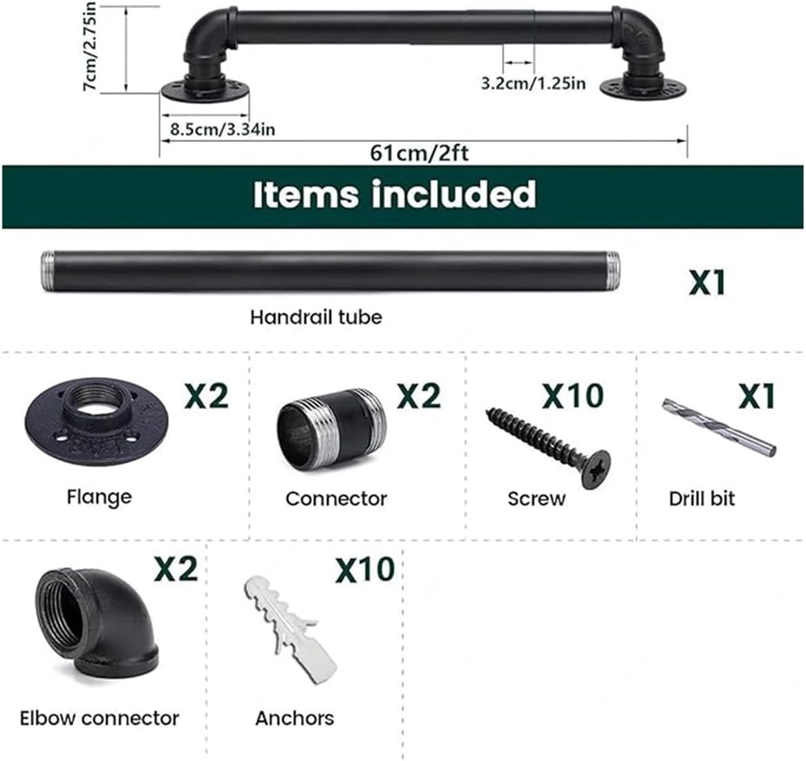 Vintage Black Galvanized Stair il - 6FT Non-Slip Pipe Railing for Indoor/Outdoor Stairs Wall Mounted Support for Decks & PorchesSafety Solution