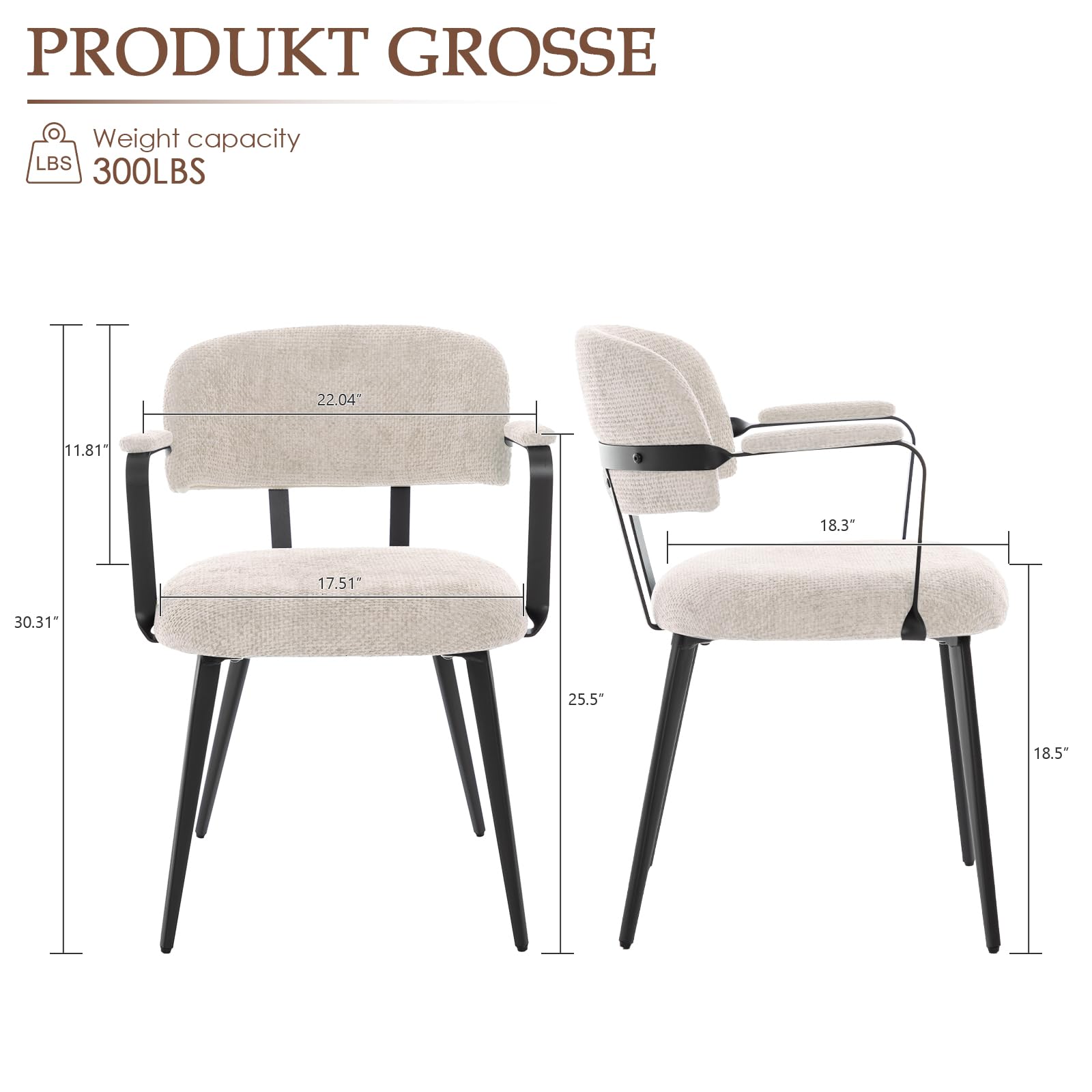 Sillas de Comedor Pack 2, Sillas Cocina con o sin Reposabrazos, Silla Nordica con Tapicería de Chenilla, Cojines Duros y Patas de Metal (Beige, con reposabrazos)