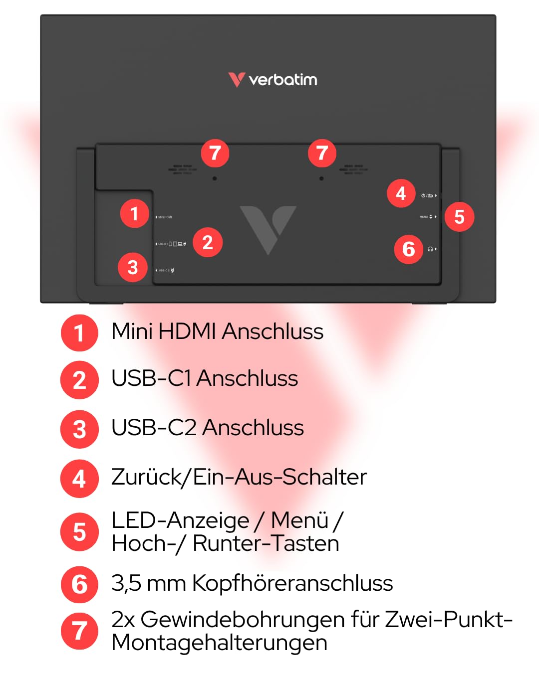 Verbatim Portable Monitor 15,6 Zoll Full HD USB-C HDMI für Laptop PS5 | Tragbarer Monitor mit USB-C und HDMI für Macbook, PC, Laptop, Tablet, Spielekonsole und mobiles Arbeiten unterwegs