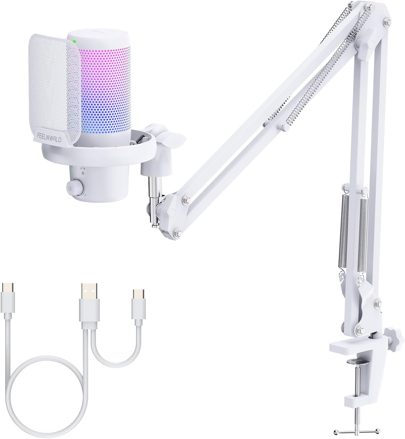 FEELWORLD VM1 White Gaming PC USB Microphone Condenser Mic with Noise Cancellation Mute RGB Light, Computer Accessories Gifts for Gamer YouTube Twitch Podcast Streaming Recording Online Chat PS4 PS5