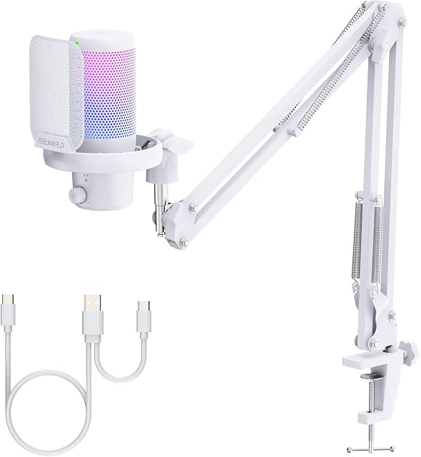 FEELWORLD VM1 Jeu blanc PC USB Microphone Condenser Mic avec Mute d'annulation de bruit RGB Lumière, Accessoires informatiques Cadeaux pour Gamer YouTube Twitch Podcast Streaming Enregistrement Chat en ligne PS4 PS5