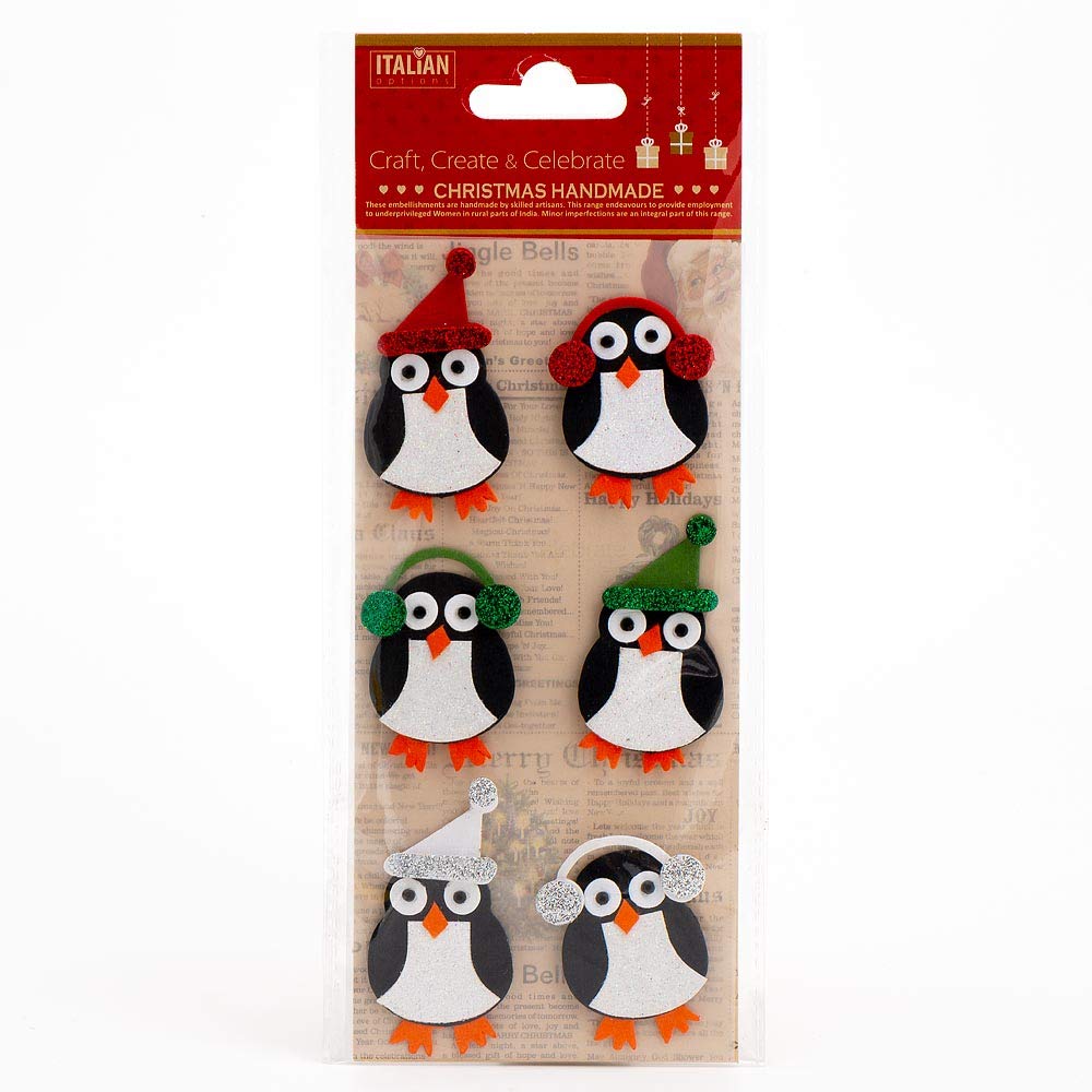 Italian Options Glitter Winter Penguins Handmade Christmas Craft Decoration Self Adhesive 3cm x 5cm (6 pcs)