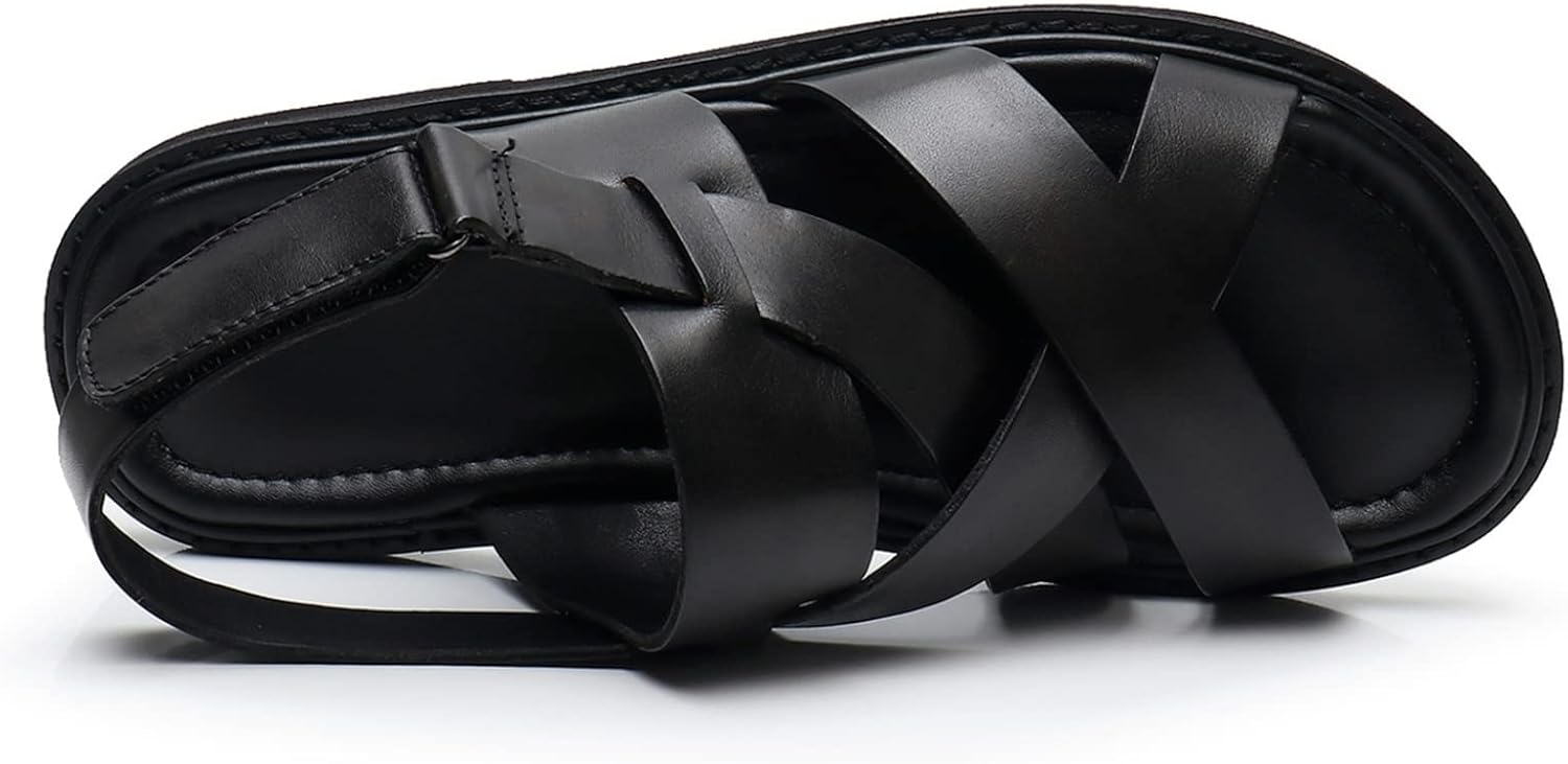 [kzzkoo] レザー メンズサンダル マジックテープ クロスサンダル 本革 牛革 革靴 ビーチサンダル 防滑 耐久性 痛くない カジュアル 紳士用 水陸両用 耐磨耗 幅広 通勤 通学 フラット クッション