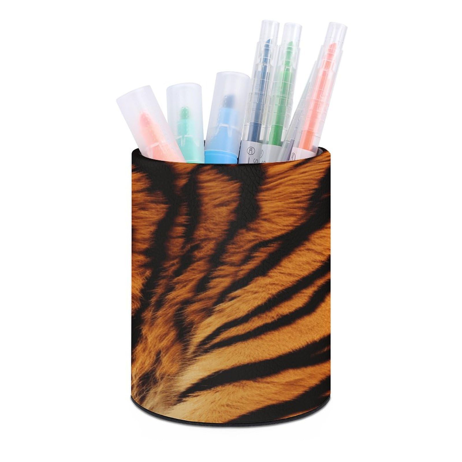 VstaDank Tiger Stripe Pen Holder Round Pencil Holder Cup Pen Container PU Leather Desk Organizer Stand Decorative Brush Scissor Holder Decoration Office Desk Home (3.1 x 3.9 inch)