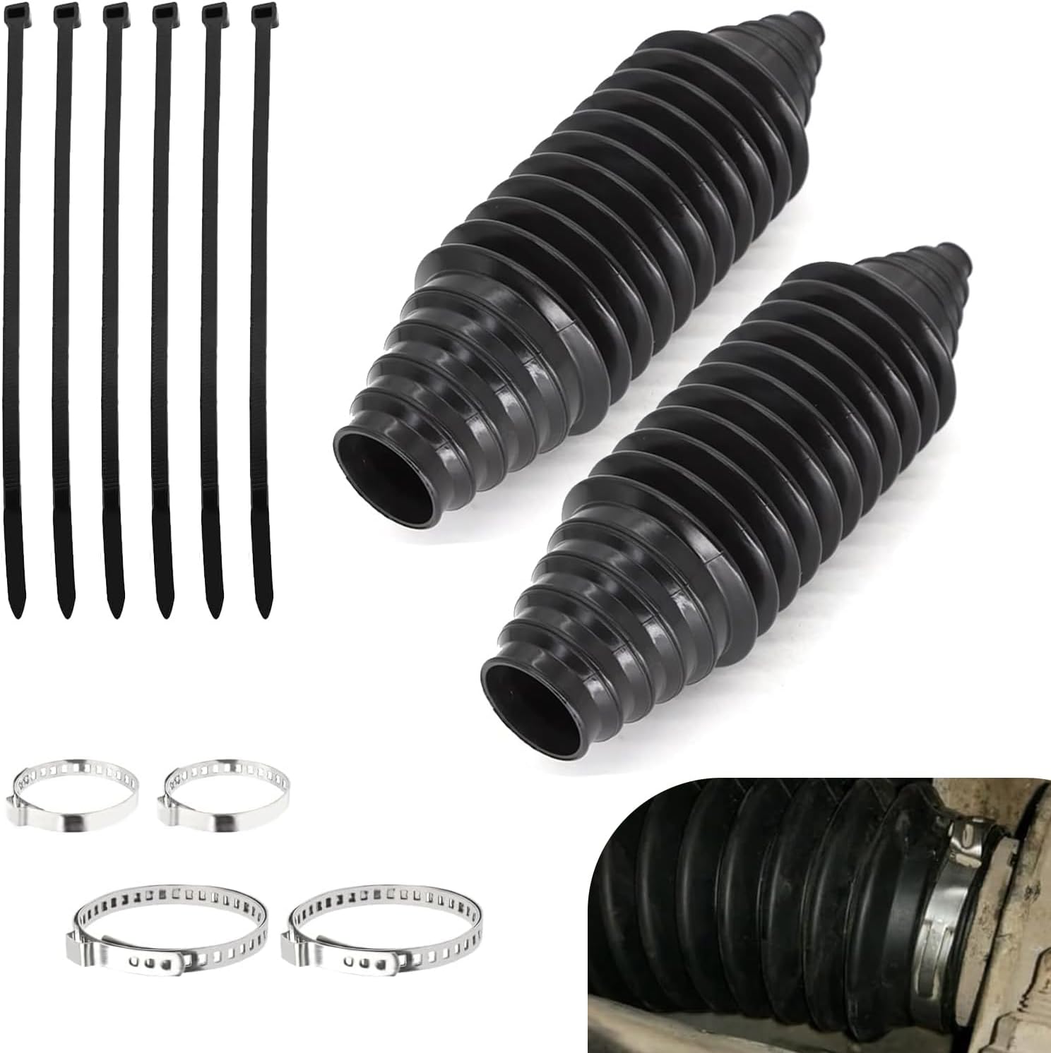 Tie Rod Boot Kit, Rack and Pinion Boot Tool with Cable Ties and Clamps, Dustproof Silicone Inner Tie Rod Boot for Steering System Protection (Black) Tie Rod Boot Kit, Rack and Pinion Boot Tool with Cable Ties and Clamps, Dustproof Silicone Inner Tie Rod Boot for Steering System Protection (Black)