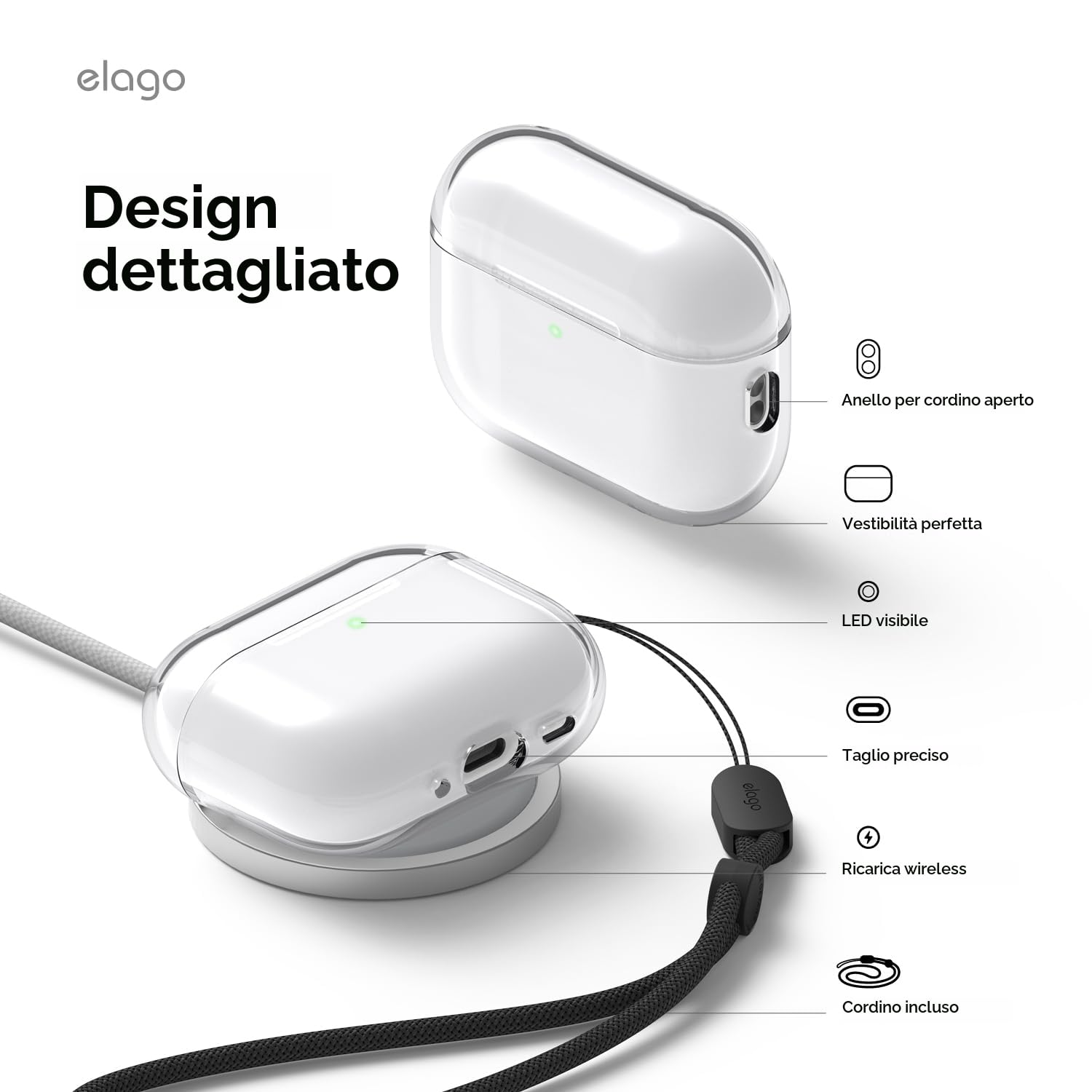 elago Custodia Trasparente per AirPods Pro 3, con Cinturino Portatile, Compatibile con Ricarica Wireless, Trasparenza Duratura, Antiurto, LED Frontale Visibile, Adattamento Perfetto (Trasparente)