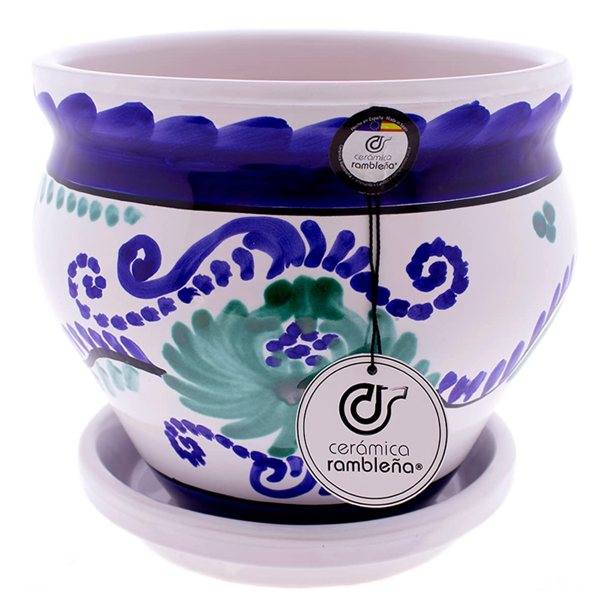 CERAMICA RAMBLEÑA | Garnki z czerwonego błota | Dekoracyjne doniczki | Garnki | Doniczki zewnętrzne | Garnek Coco Decorated Grenadyn - D116 | 100% Handmade Dekoracja | 21x21x19 cm | Talerz w zestawie