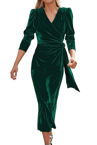 Women Velvet Wrap Midi Dress 2026 Fall Winter Solid Vintage