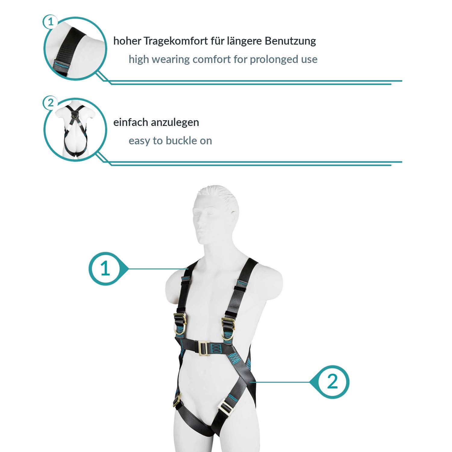 ACE Safety, set di protezione anti-caduta con imbracatura per tutto il corpo EN361, smorzatore con cordino a Y di 1,5 m EN354, EN8513, peso massimo autorizzato 100 kg, omologato CE