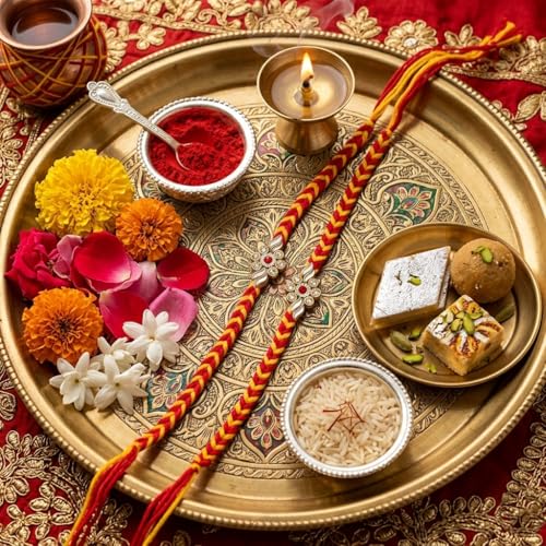 Image of 2 Pcs Traditional Floral Meenakari Rakhi with Roli Chawal, Red and Yellow Braided Thread Crystal Stone Centerpiece Rakshabandhan Rakhi for Brother Elegant Design Rakhis for Bhai