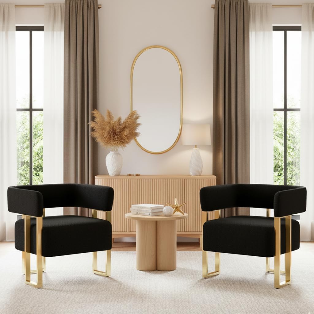 AODAILIHB Modern Accent Chairs Set of 2, Black Teddy Fleece Upholstered Barrel Chairs with Gold Metal Legs - Upholstered Armchairs for Living Room, Bedroom, Lounge & Waiting Room