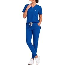 Women's V-Neck Scrub Set, Stretch Joggers with Zipper Pocket