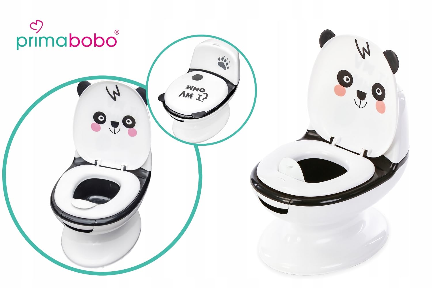 Primabobo Interaktiver Kindertopf PANDA mit Spülgeräusch, Lerntöpfchen für Kinder mit herausnehmbarem Einsatz, Deckel und Rückenlehne, ergonomischer Toilettentrainer ab 18 Monaten