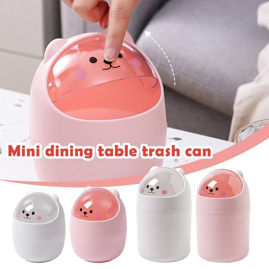 Mini Trash Can, Creative Tiny Countertop Garbage Bin With 5 Rolls Of Bin Liners, Cute Desktop Wastebasket With Flip Lid, Cartoon Plastic Storage Bin