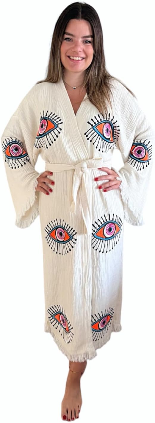 Handmade Evil Eye Kimono - Women Beach Cover Up - Festival Bohemian Robe - Boho Cotton Cardigan - Dressing Gown - Image 2