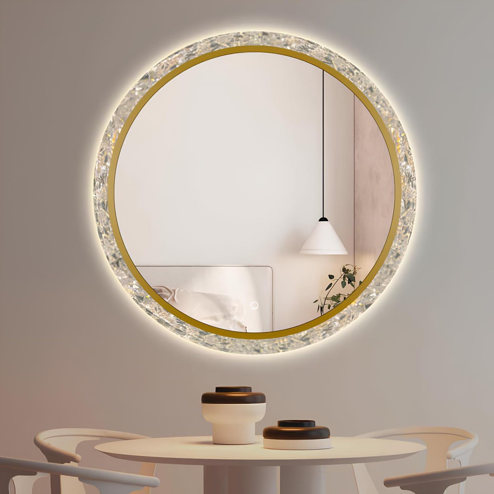 Miroir LED Rond 80 cm avec Cadre Métal Doré et 3 Couleurs