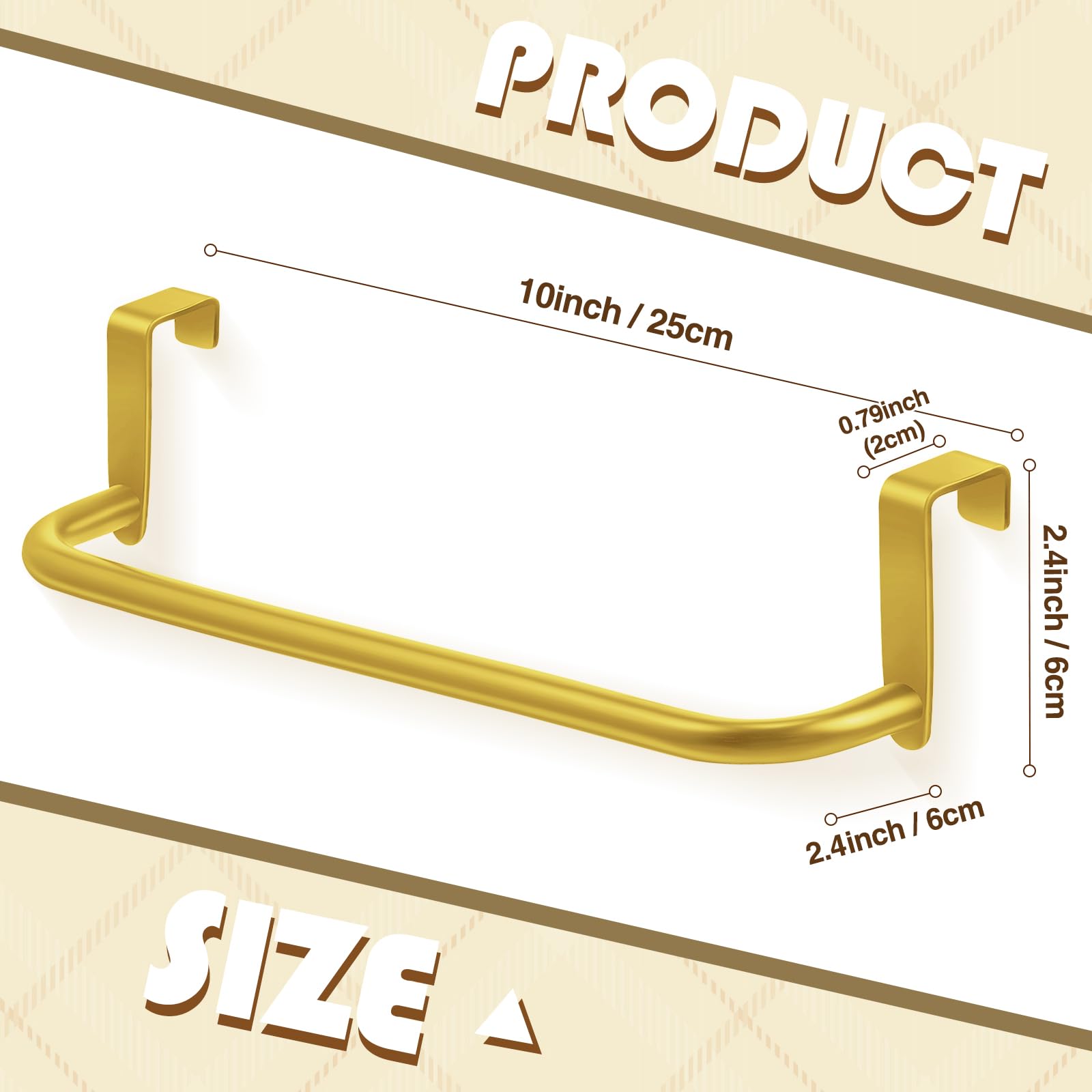 2 Pieces Metal Towel Bar Kitchen Cabinet Towel Rack Strong Steel Towel Bar Rack for Hanging on Inside or Outside of Doors, Home Kitchen Bathroom, Hand Towels, Dish Towels and Tea Towels (Gold) 1