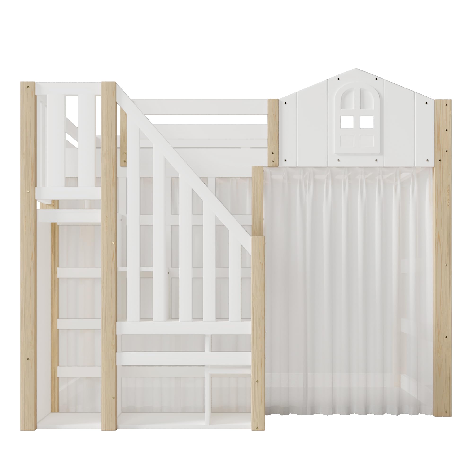 Letto a soppalco, 140 x 200 cm, con luci a LED, a forma di finestra, vano portaoggetti aperto, garza, senza materasso, bianco+naturale