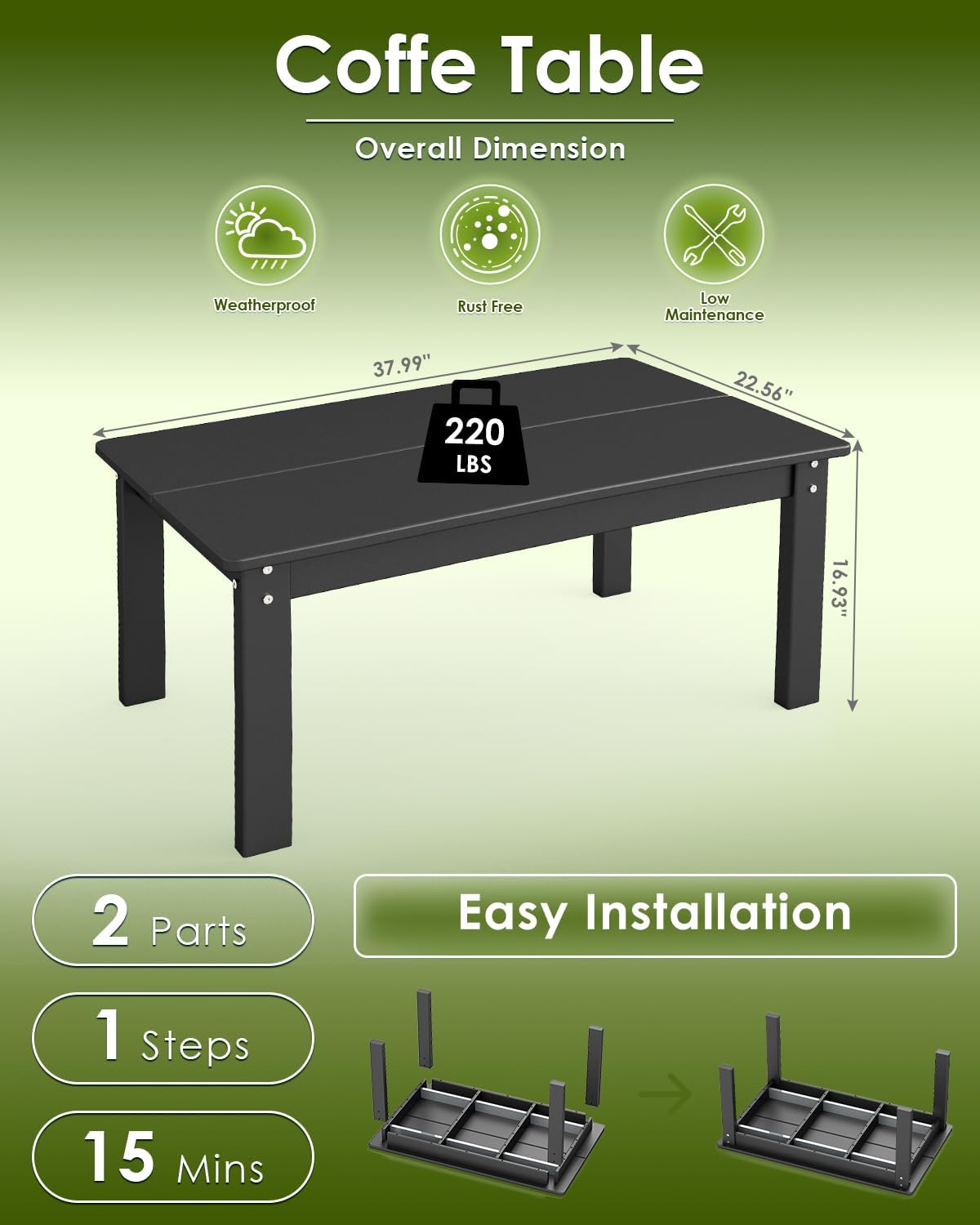 GREENVINES Outdoor-Coffee-Table | HDPE Plastic | Patio Coffee Tables | Rectangle | All Weather | for Balcony Poolside Deck Garden | TriLuxe | Black