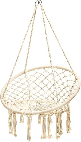 Tangkula Silla hamaca colgante, silla columpio de macramé con borlas y anillos colgantes de alta resistencia, estilo bohemio hecho a mano con cuerda